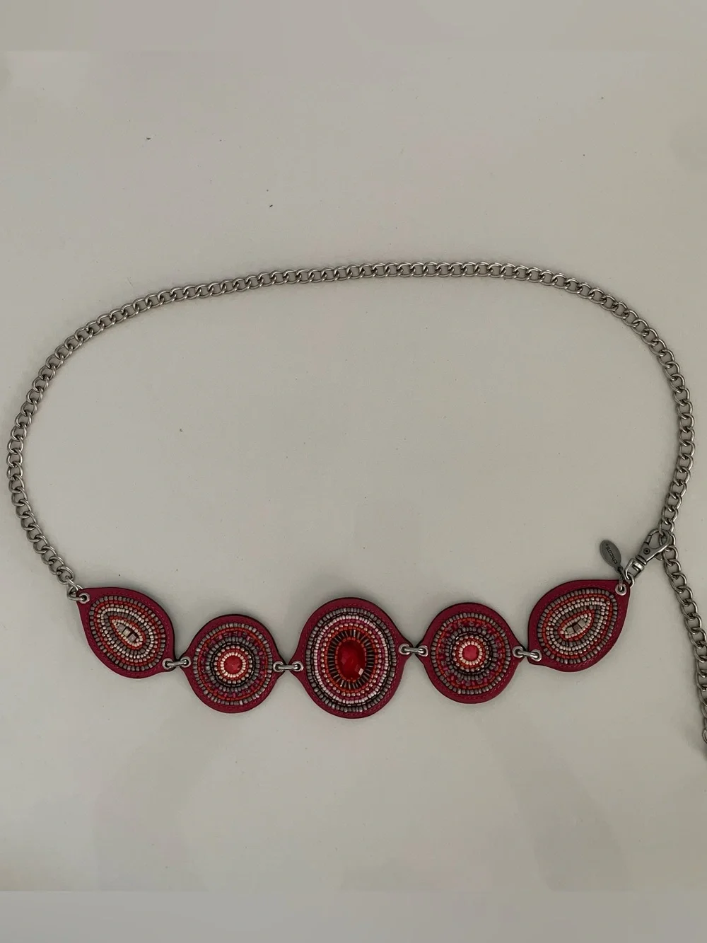 Chico's Ibiza Pink Red Leather Beaded Medallion Silver Tone Chain Belt Boho 50”